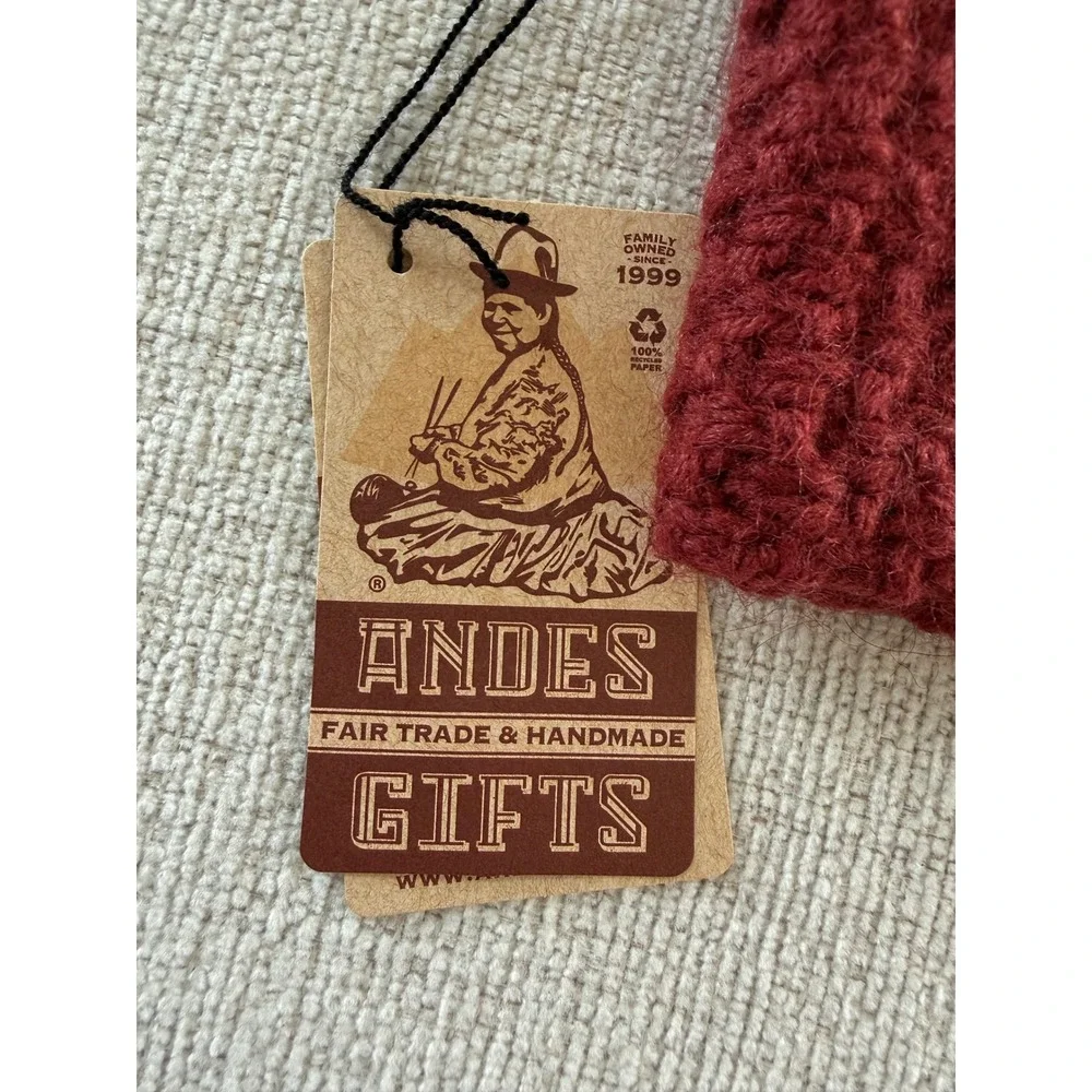 NWT Hand Knit Alpaca Blend Fleece Lined Ear Warmer Burgundy Embroidered Floral